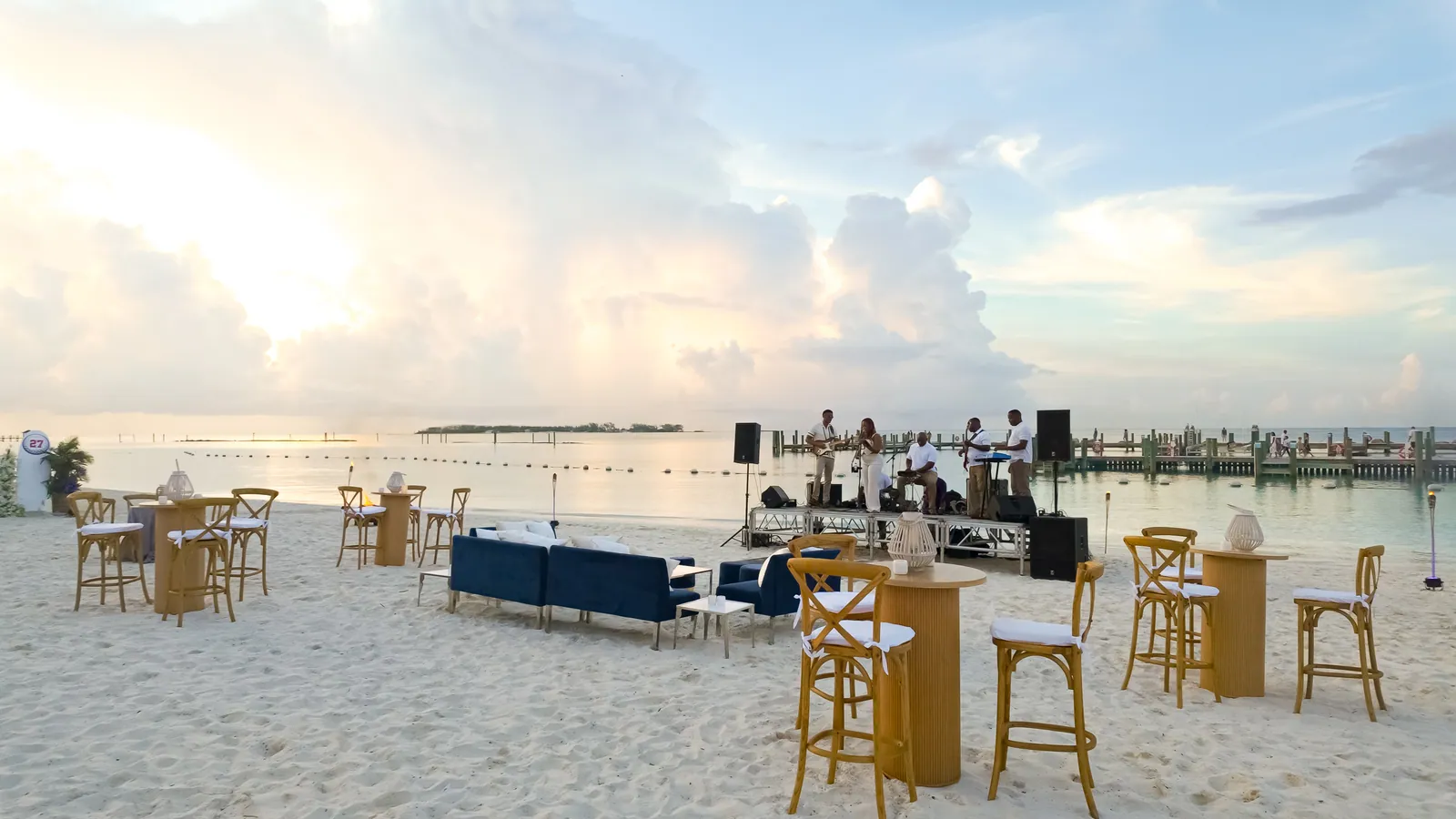 Sunset cocktail setup on the beach at the Eddie George Celebrity Golf Classic
